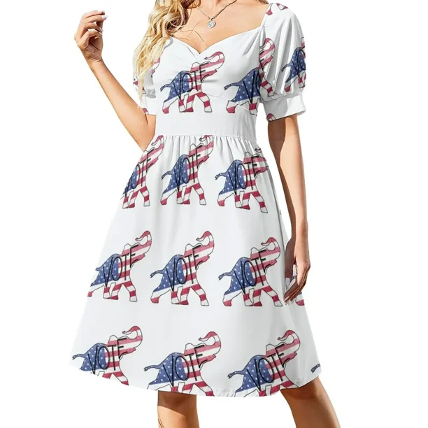 Vestido de manga corta con diseño de bandera estadounidense desgastada y elefante republicano para votar. Vestido de cóctel de verano. Vestidos de novia.