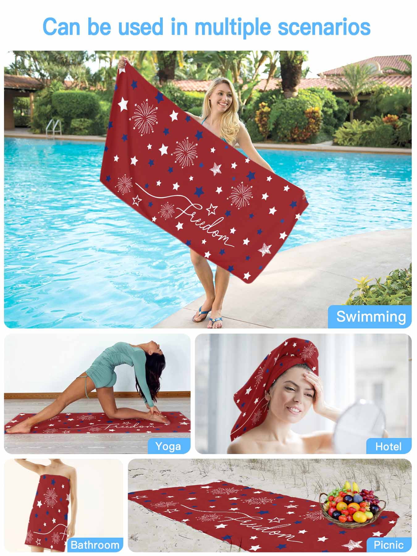 Patriotic 4th of July Beach Towels Blanket Soft & Absorbent Quick Dry Microfiber Red White Blue Stars Freedom Pool Towels for Swimming ,Yoga, Sports, Gym, Camping,Large 30X60in, Memorial Day Summer