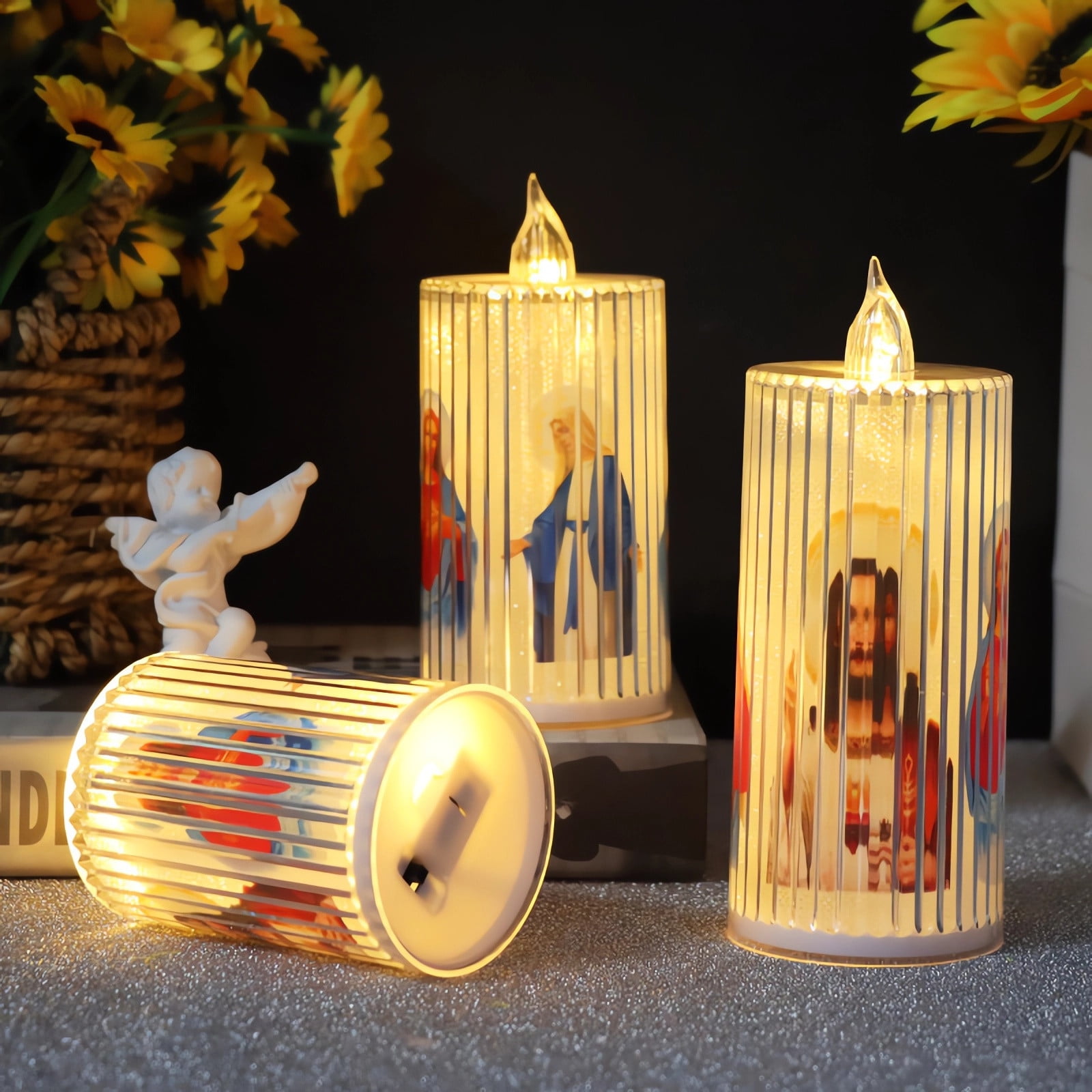 Rechargeable Flameless Candle, Flashing LED Pillar Real Wax Candle with Timer, Upgraded Teardrop Wick, Clear Glass Electronic Candles, 1 Set of 2
