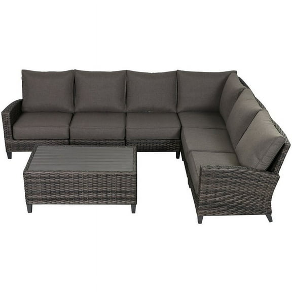 Barbados 6-PC Two-Tone Wicker Sectional Set with Coffee Table Charcoal Cushion