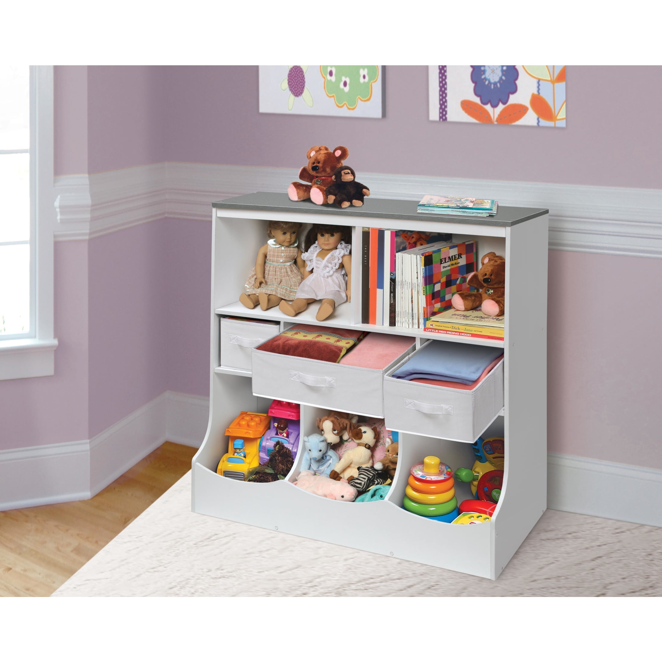 Badger Basket Combo Bin Wood Toy Storage Organizer with Three Baskets 8.6 Cu ft.- White/Gray