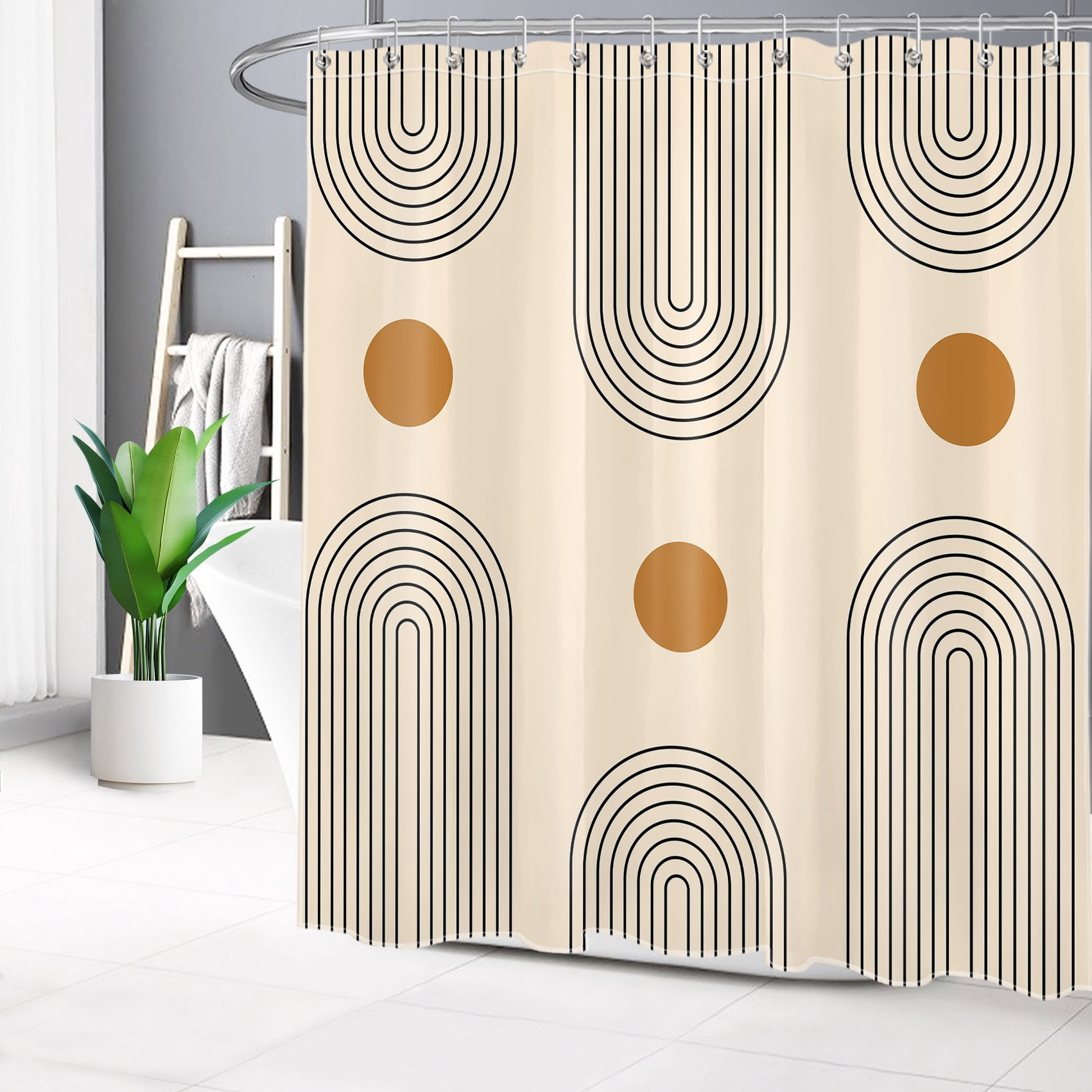Mid Century Shower Curtain Boho Modern Minimalist Arch Sun Simple Lines Abstract Bathroom Shower Curtain Retro Geometric Aesthetic Waterproof Durable Bath Curtain with 12 Hooks 72x72 Inches