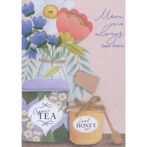 Designer Greetings Tea, 3D Honey, Brown String, 3D Tag and Pink and Blue Flowers in Vase Hand Decorated Mother's Day Card for Mom