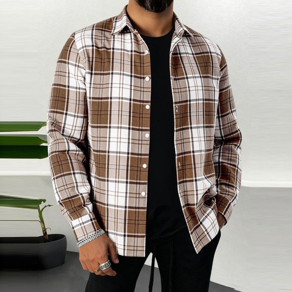 thefmos Men's Fall Winter Plaid Button Down Shirt Long Sleeve Casual Collared Tops Loose Fit Shacket Work Outfits Clothes, Brown L