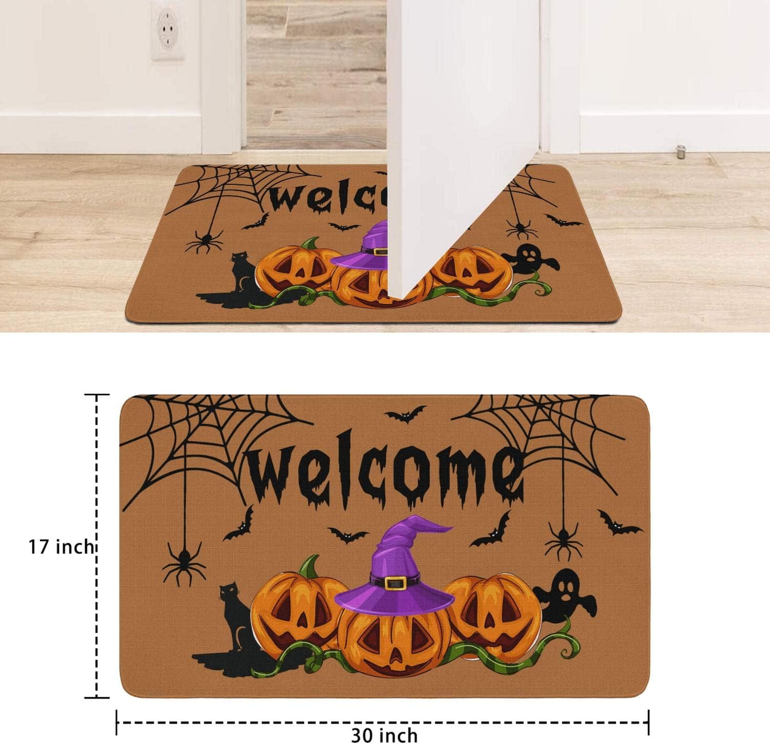 Linen Door Mat Pumpkin Dirt Resist Rug Halloween Welcome Indoor and Outdoor Front Entrance Doormat Home Decor Heavy Rubber Backing for Non Slip, 30" X 17"