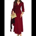 thumbnail image 2 of Vestidos de Cóctel de Sirena para Otoño e Invierno para Mujer, Larga, Escote en V, Ajustados, Maxivestido Fruncido en la Cintura. Vino Tinto XL, 2 of 9