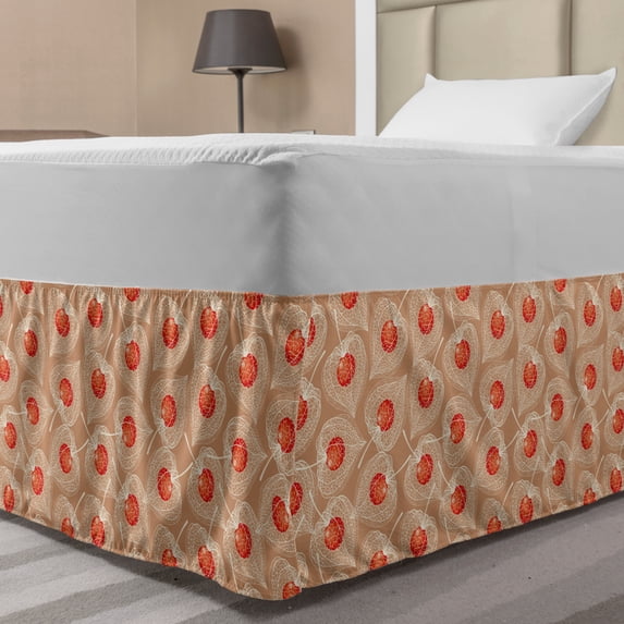 Floral Bed Skirt, Image of Cape Gooseberries with Husk and Fruit Inside, Elastic Bedskirt Dust Ruffle Wrap Around for Bedding Decor, 4 Sizes, Warm Taupe Vermilion, by Ambesonne