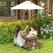 Kids Picnic Table, Toddler Outdoor Table & Bench Set, Wooden Children Patio Furniture with Folding Umbrella, Kids Picnic Tables for Outdoors, Gift for Boys Girls