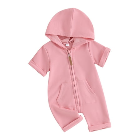 

FEORJGP Infant Baby Boys Girls Hooded Jumpsuits Kids Zipper Hoodies Rompers Solid Color Short Sleeve Bodysuit Newborn Loose Casual Summer Clothes
