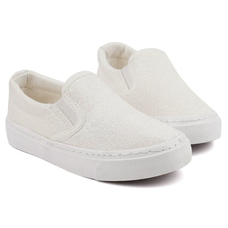 

Toddler Girls Sneakers Loafer Shoes Slip On Little Kids Boys Canvas Glimmer Glitter Sparkle Low Top Non Slip Rubber Sole Lightweight Fashion Casual White Size 1