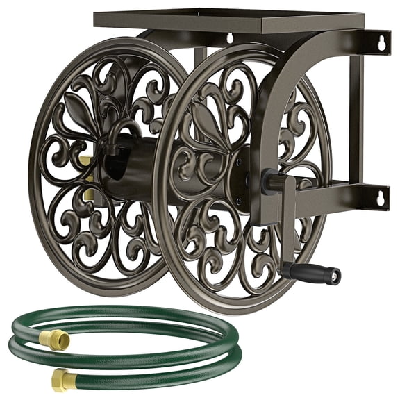 Outlandpro Metal Decorative Garden Hose Reel, Heavy Duty Hose Holder for Outside, Wall Mount, Holds 200 ft x 5/8" Hose Storage