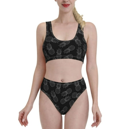 Bixox White Pineapples Pattern Two-Piece Sports Bikini with U-Shaped Top and High-Waist Bottom - Women s Swimwear with Removable Bra Pads