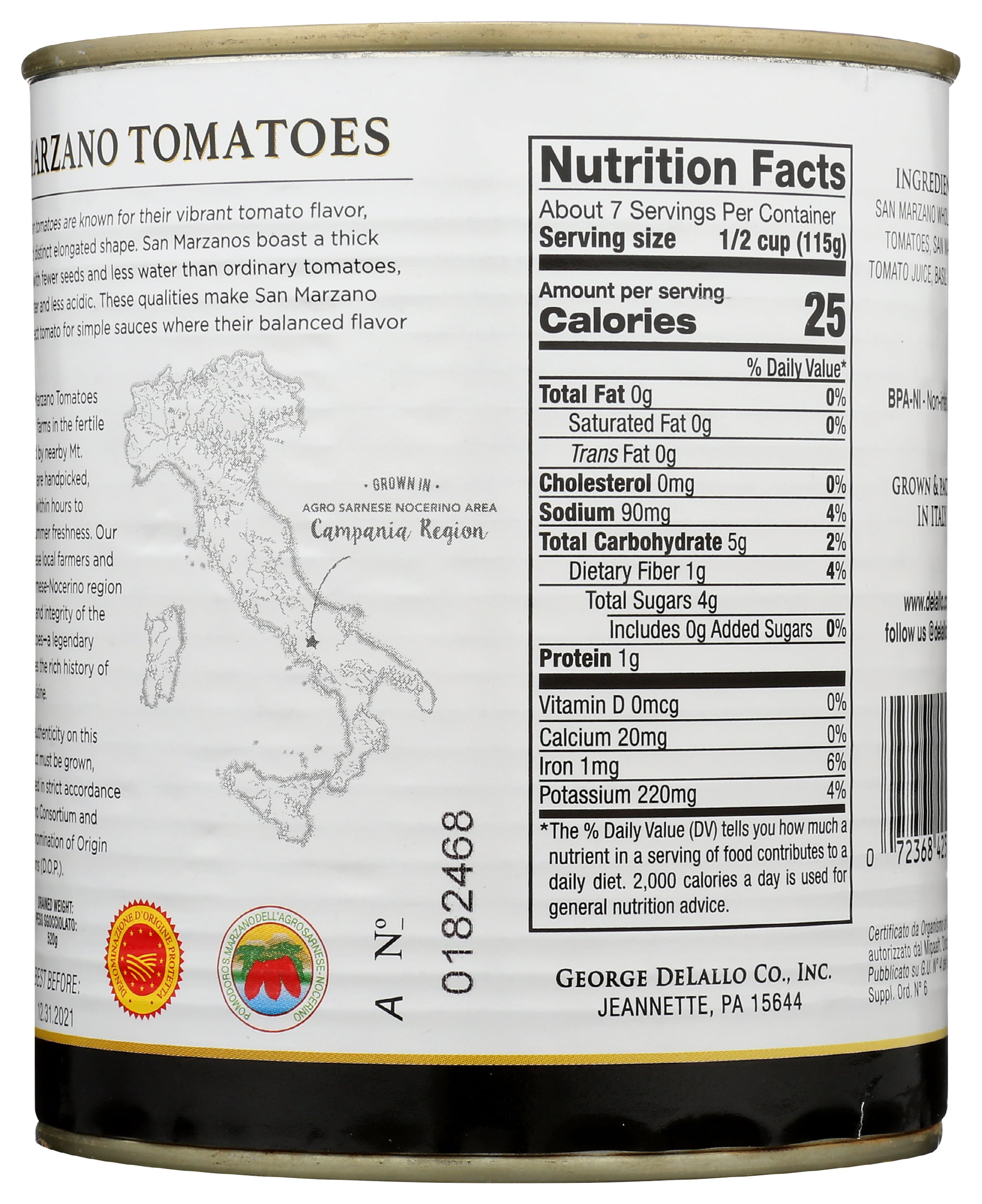 Pack of 6, Delallo San Marzano Style Whole Peeled Tomatoes, 28 oz