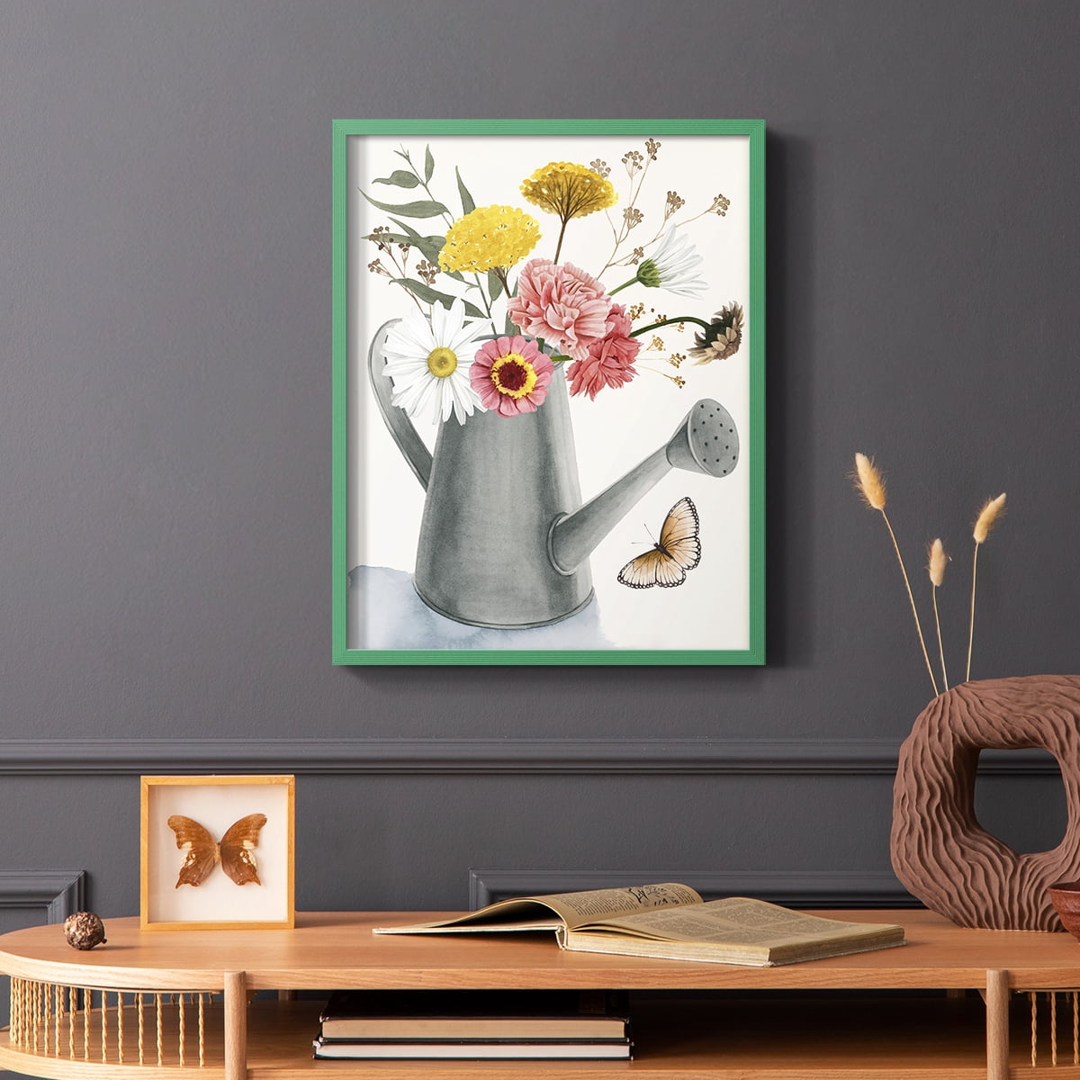 Watering Can Bouquet II Framed Print in Green Solid Wood 8 x 10 Framed Print