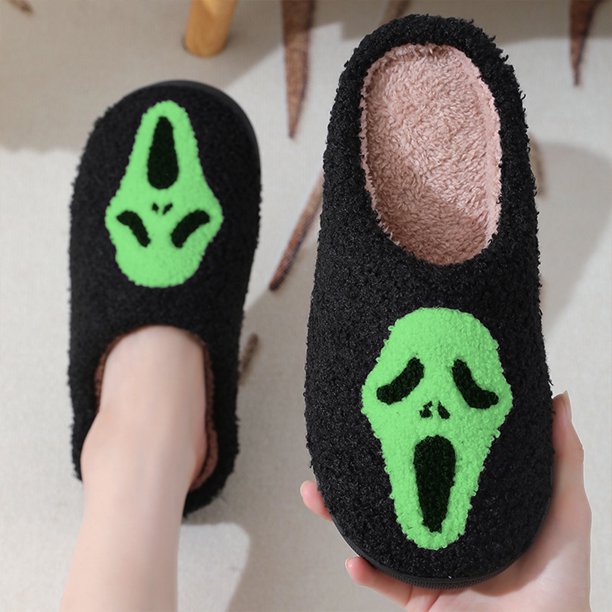 Zapatillas de felpa con diseño de esqueleto de Halloween, zapatillas con punta cerrada para dormitorio interior y exterior