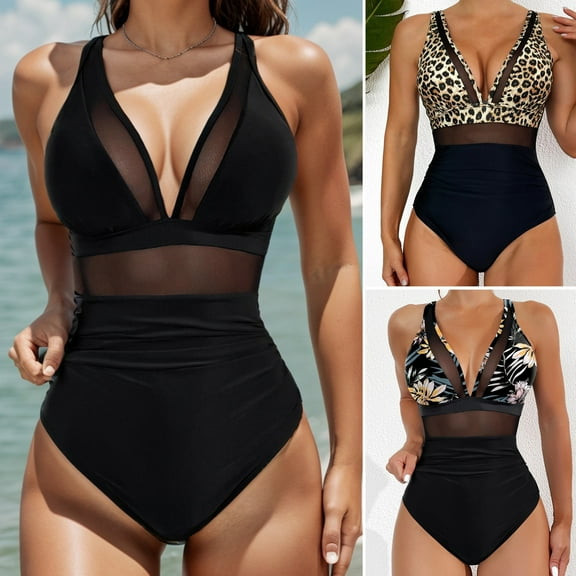 Joernso Women Summer One-Piece Swimsuit Sexy Deep V-Neck Backless Swimwear Mesh Stitching Patchwork Color Monokini Beachwear