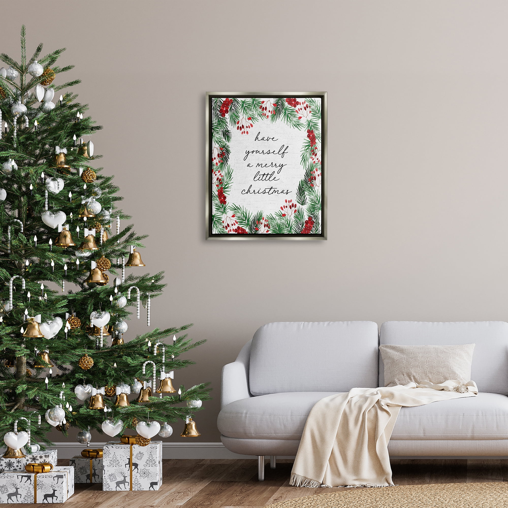 Stupell Industries Merry Little Christmas Script Holiday Painting Gray Floater Framed Canvas Art Print Wall Art, 25 x 31