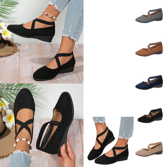 Xdegoge Women's Wedge Ballet Flats Crisscross Elastic Strap Round Toe Slip On Casual Shoes for School Commutes Weekend Events Coffee Runs Versatile Lightweight Footwear