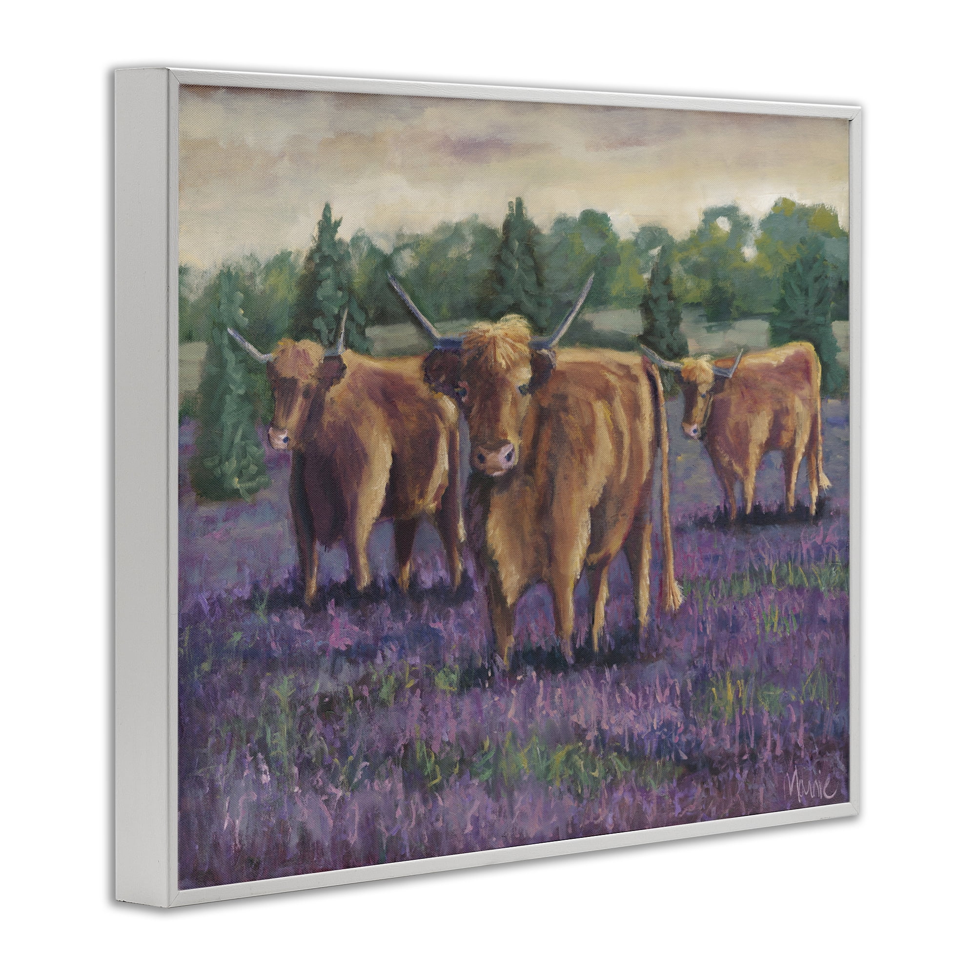 Purple Fields & Cows White Framed Giclee Art, design by Marnie Bourque