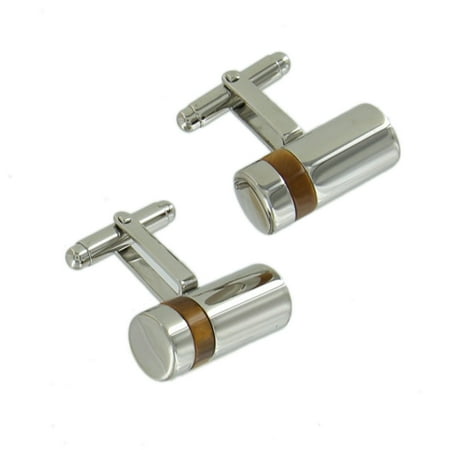 Speidel Stainless Steel Tiger Eye Brown Silver Tone Barrel Cuff Links