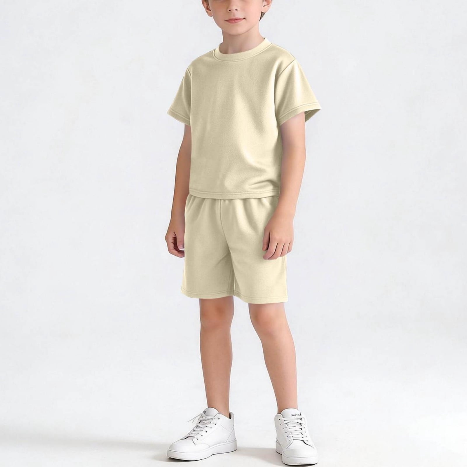 Amidoa Boys Summer Athletic 2 Piece Outfits Solid Color Performance Short Sleeve and Active Casual Short Kids Clothing Set Beige Size 7