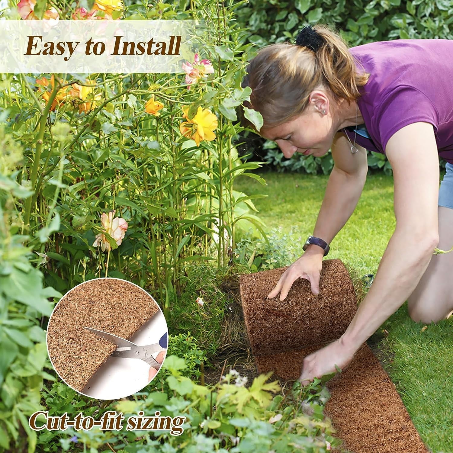 Natural Coconut Mulch Roll for Landscaping 118" L x 7.8“ W Garden Edging Border Mat with 50 Pcs U-Shaped Steel Stakes, Natural Looking Permanent Garden Mulch Barrier for Plants Vegetables & Flowers