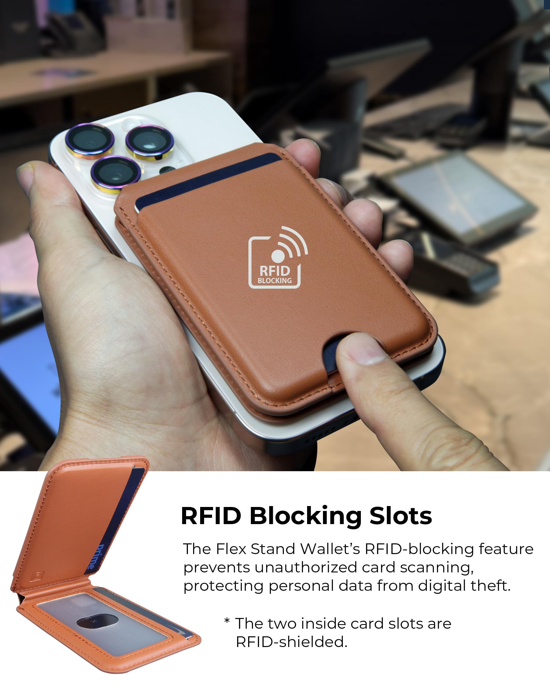 Upcommon Enclave Wallet Stand for iPhone 17/16/15/14/13/12 Series, Compatible with MagSafe, Magnetic 5 Card Holder, Adjustable Stand, RFID Blocking, Microfiber Leather (Tan)