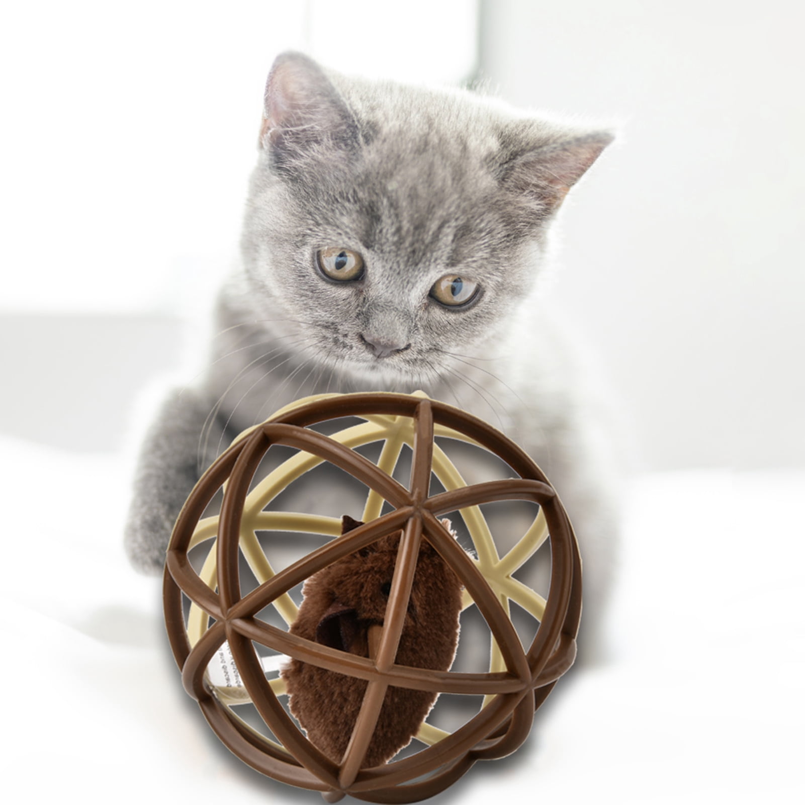 BIMZUC Interactive Cat Puzzle Toy Ball with Squeaky Plush Mouse Inside, Motion Activated Rat Sound, Durable Plastic Shell, Beige/Brown (4.33 inches / 11 cm)