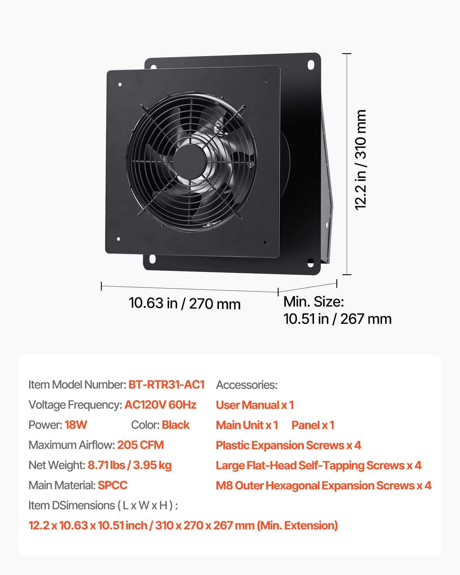6 Inch Through The Wall Ventilation Fan with 205 CFM Airflow, Quiet AC Motor ≤46dB, 1640 RPM High Speed Exhaust Fan, Easy Installation for Bathroom, Bedroom, Garage, Laundry Room