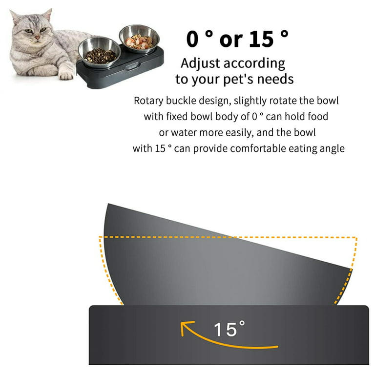 0°/15° Tilted Raised Cat Food Bowl Set, Stuffygreenus Stainless Steel Cat  Dog Feeding Bowls for Food Water Anti Vomiting Elevated with Stand Ergonomic  Lifted, Neck Protection 
