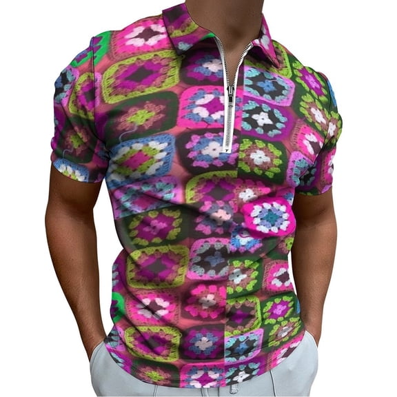 Crochet Blanket Granny Square Vintage Men Zipper T-shirt Summer Casual Short Sleeve T-shirt Top