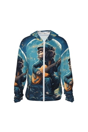 Women Men Sun Protection Hoodie Jacket Zip Long Sleeve Shirt Hiking Outdoor , Monkey Playing Guitar Starry