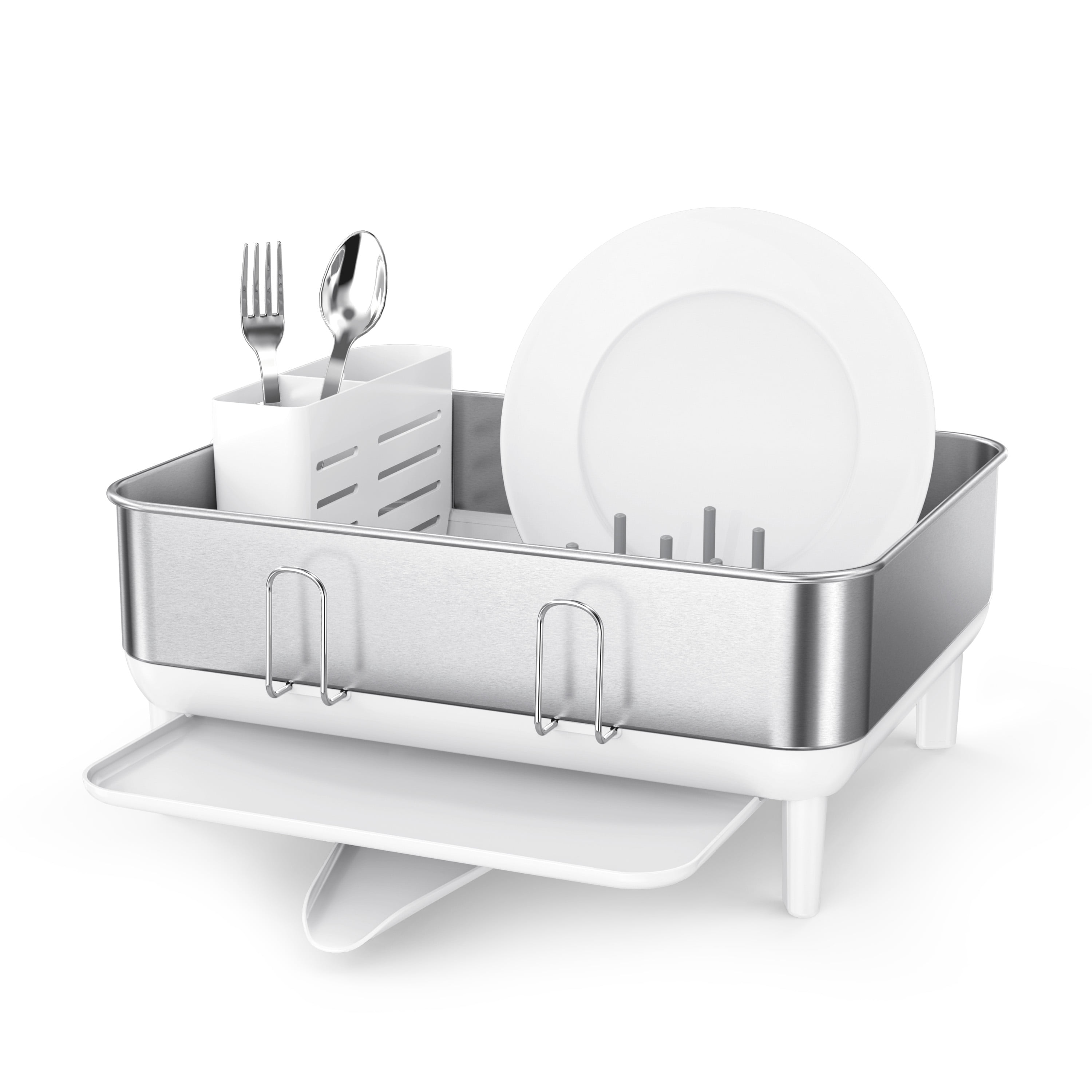 simplehuman Compact Steel Frame Dish Rack, Brushed Stainless Steel, White