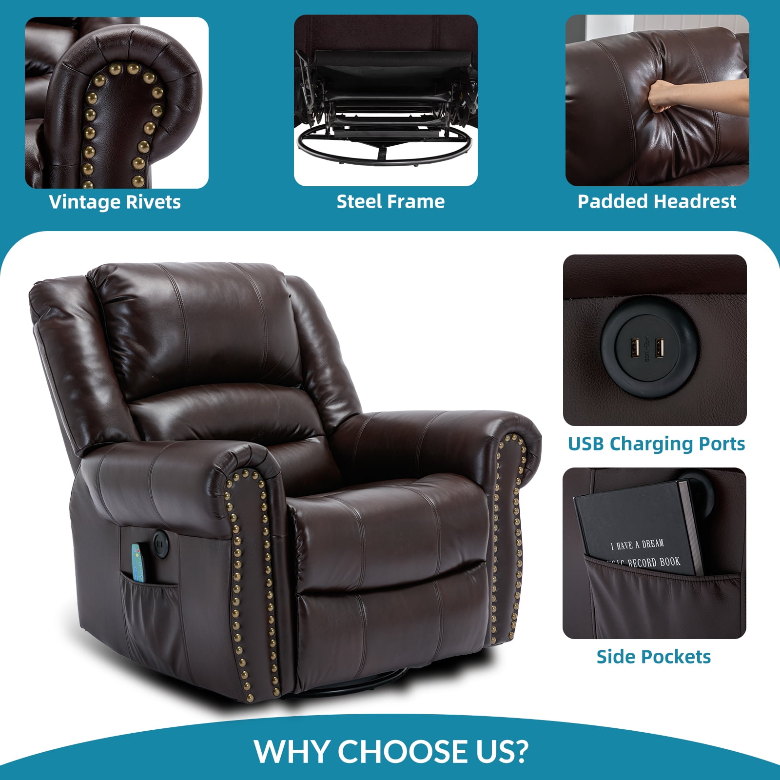 OUINCH Manual 360° Swivel Rocker Recliner Chair with USB Ports, Faux Leather, Dark Brown