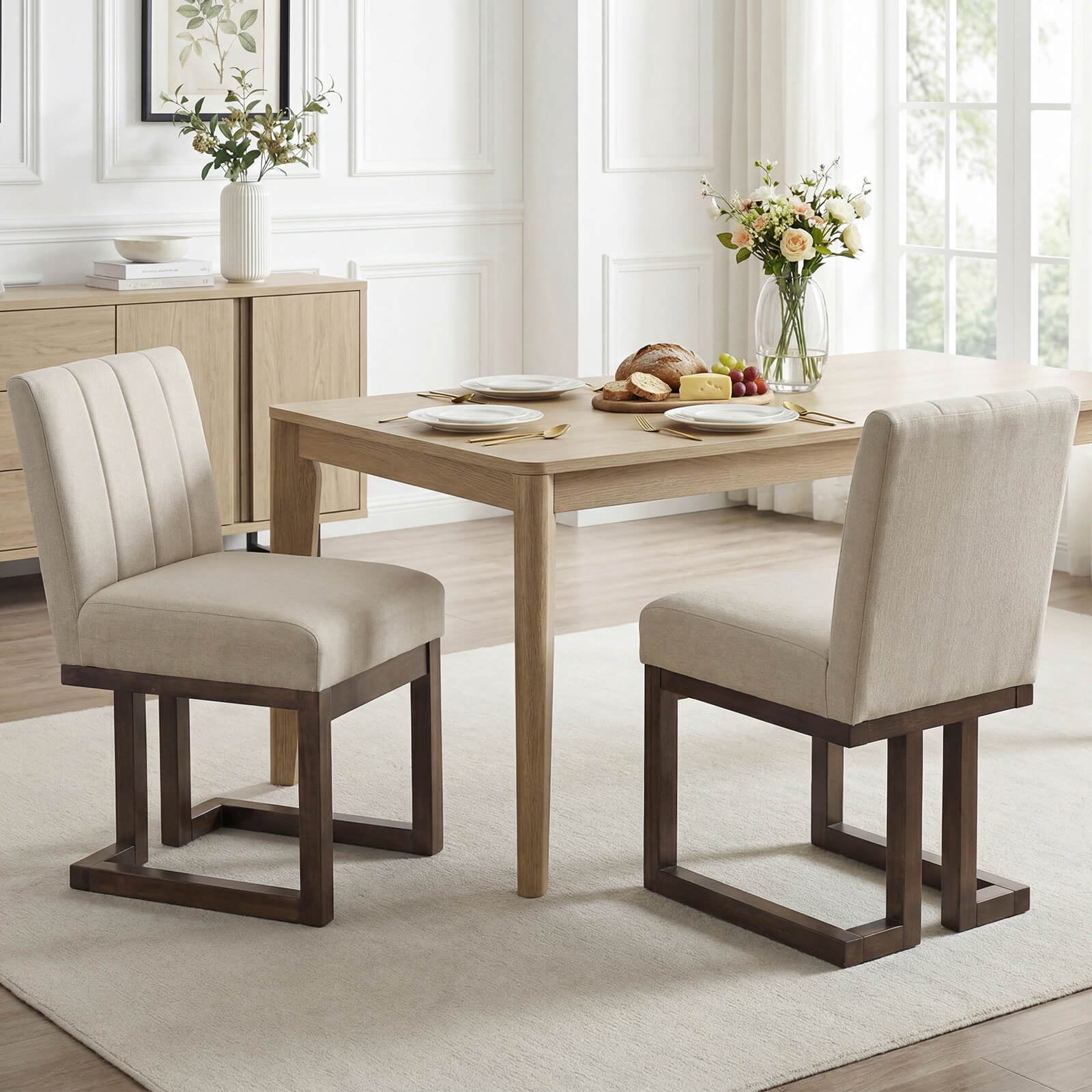 Costway 4PCS Wooden Dining Chairs Modern Farmhouse Fabric Upholstered Kitchen Chairs Walnut