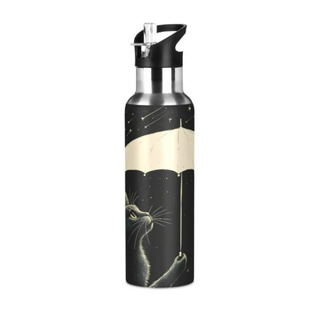 

ALAZA Cat with Umbrella Water Bottle Insulated Flask Stainless Steel Straw Lid 20 oz