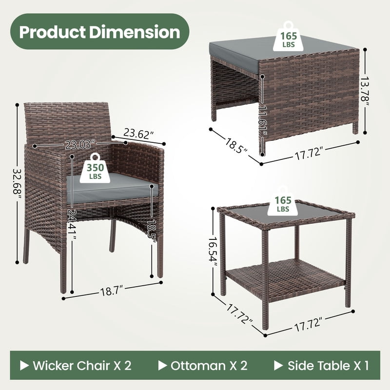 ELPOSUN 5-Piece Patio Furniture Set, Outdoor PE Wicker Conversation Chairs with Ottoman Underneath, Brown Ratan,Gray