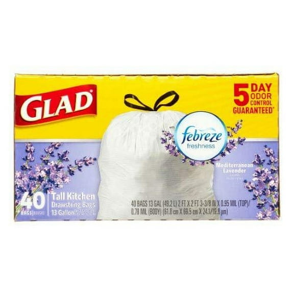 Glad OdorShield Tall Kitchen Drawstring Trash Bags Mediterranean Lavender, 13 Gallon - 40 Ea Pack of 12