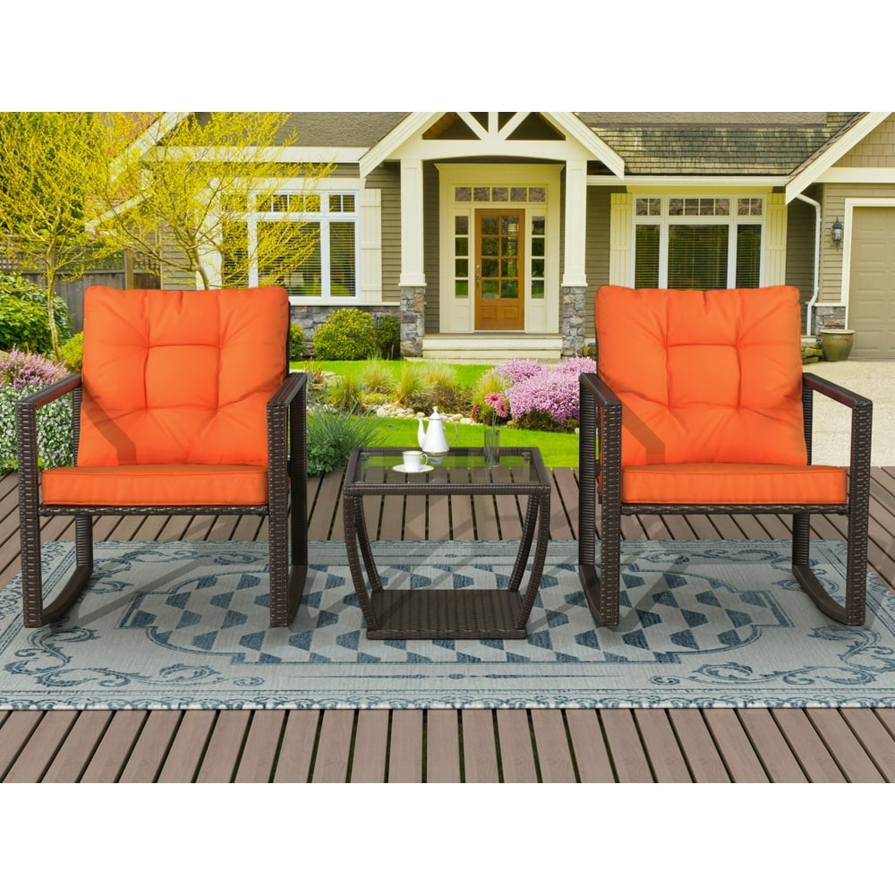 UHOMEPRO 3 Piece Wicker Rocking Chair Set, Patio Furniture w/2 Rocking