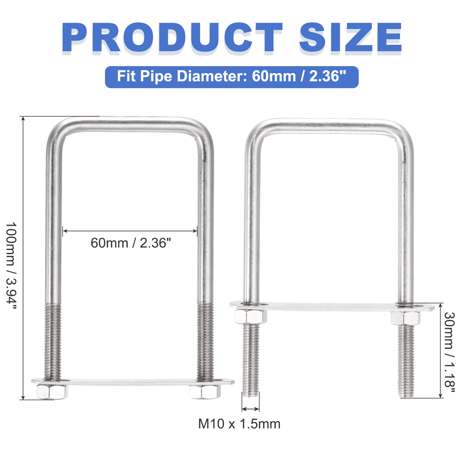 Uxcell 2 Sets M10 Square U-Bolts, 2.36" Inner Width 3.94" Length 304 Stainless Steel U Clamp Bolts with Nuts, Plates and Wrench