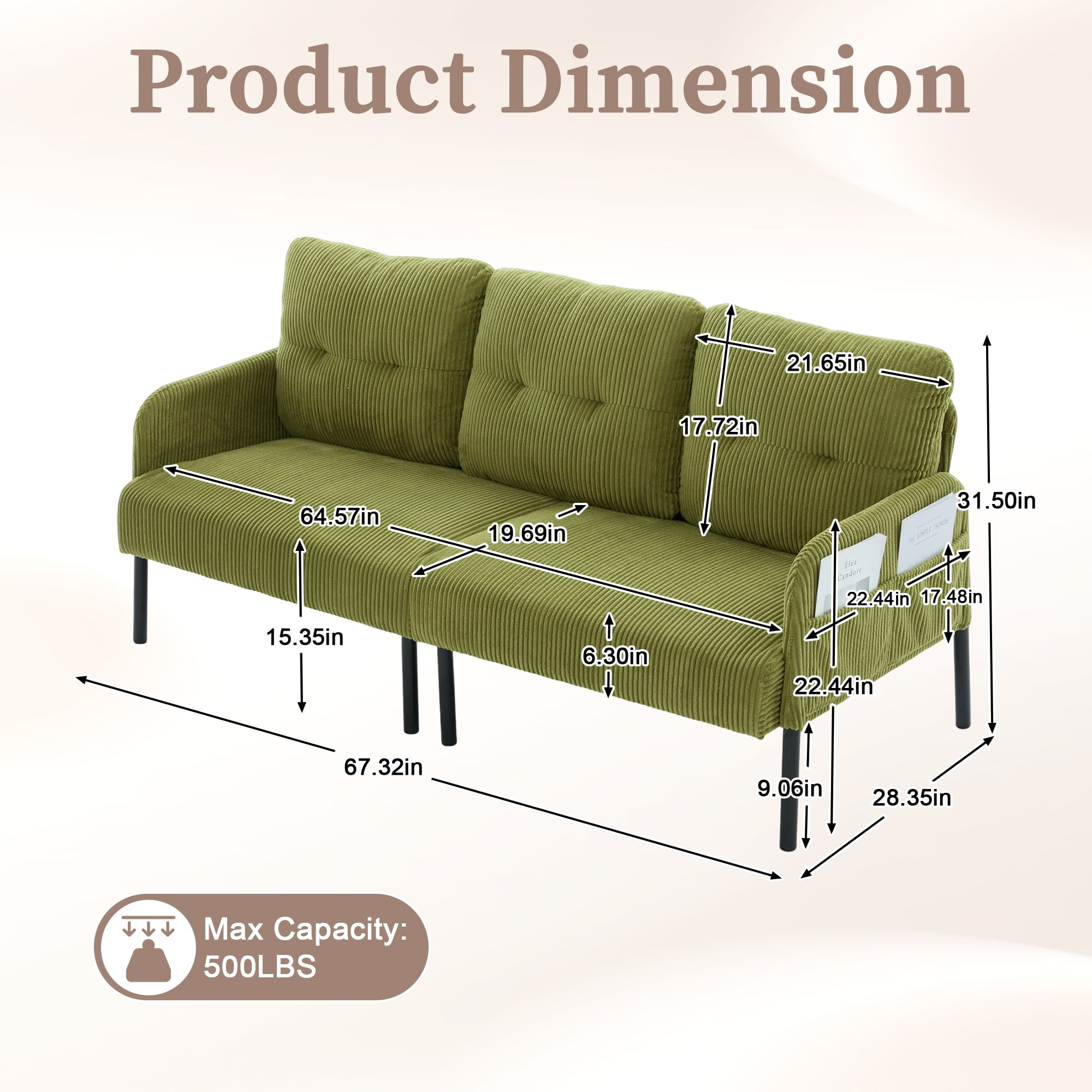 Loveseat, Small Sofa, Couch, Oversized Corduroy 2-Seater Sofa with Side Storage Pockets and Sturdy Metal Legs for Apartment, Dorm or Living Room, Olive Green