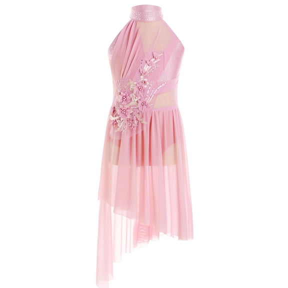 Moggemol Kids Girls Sleeveless Rhinestones Flower Applique Lyrical Ballet Leotard Dress Contemporary Pink 14