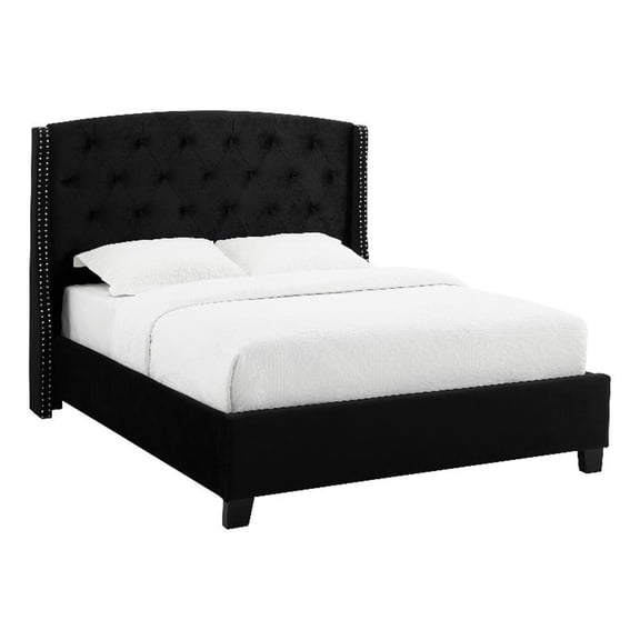 Benjara James King Size Bed- Platform Style- Button Tufted Black Velvet