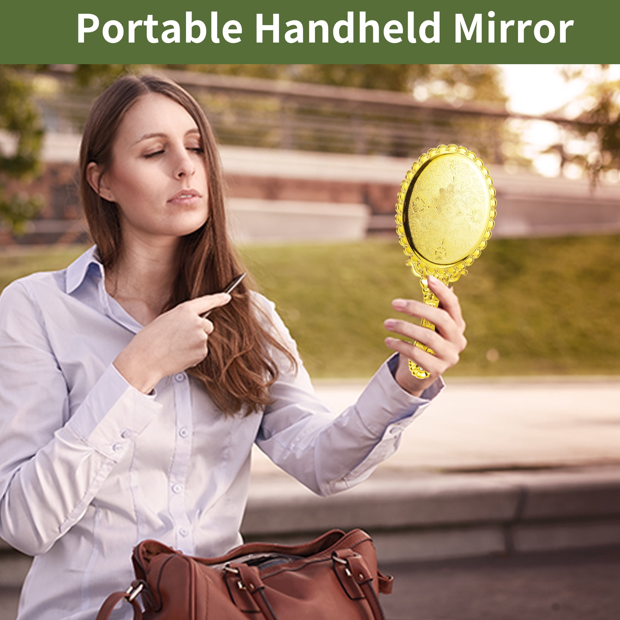 Unique Bargains Hand Mirror Embossed Vintage 1Pc Gold Tone