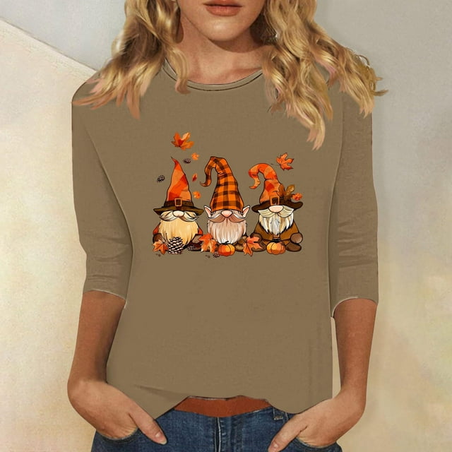 Leodye T-Shirts à Manches 3/4 pour Femmes d'Halloween à Col Rond, Automne, Haut Graphique Amusant d'Halloween à Manches Longues, Kaki 4(S)
