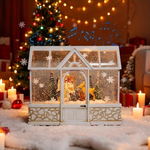 Singing Battery-Powered & Plug-in Melodic Illuminated Christmas Snow Rotating Water Glittering Snow Globe Lantern Home Ornament and Present, Xmas Scene