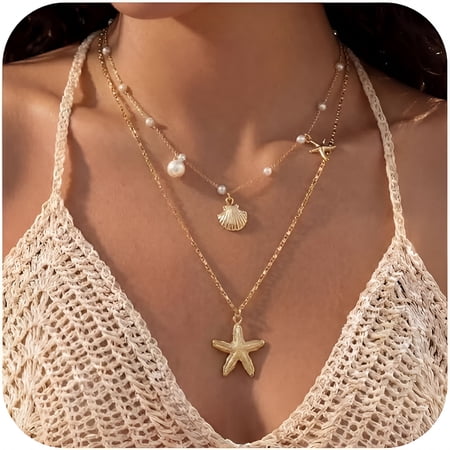 DESIGNICE Shell Starfish Necklace for Women,Gold Plated Boho Layered Pendant Necklace with Pearl Conch Charm,Dainty Coastal Summer Beach Vacation Jewelry Gifts