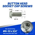 thumbnail image 2 of Fastenere Button Head Socket Cap Screws - 8-32 x 3/4" (50 Pack) Stainless Steel 18-8, Full Thread, Bright Plain Finish, Corrosion-Resistant, Machine Thread, Easy to Install w/ Allen Socket Drive, 2 of 4