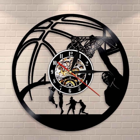 Amblelife Basketball Player Slam Dunk One Handed Jam Clock Vintage Vinyl Record Wall Clock Basketball Jump Slam Dunk Shot Sports Decor