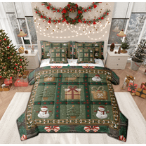 Manfei Kids Winter Snowman Twin Bedding Sets 7-Piece, Vintage Christmas Buffalo Bedding Comforter Set, Green Geometric Reversible Sheet Sets, Microfiber Bedroom Decor